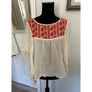 Lovestitch Cream Tulum Fringe Top Boho Embroidery